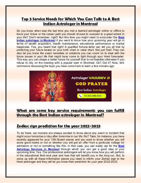 Top 3 Service Needs for Which You Can Talk to A Best Indian Astrologer in Montreal | edocr